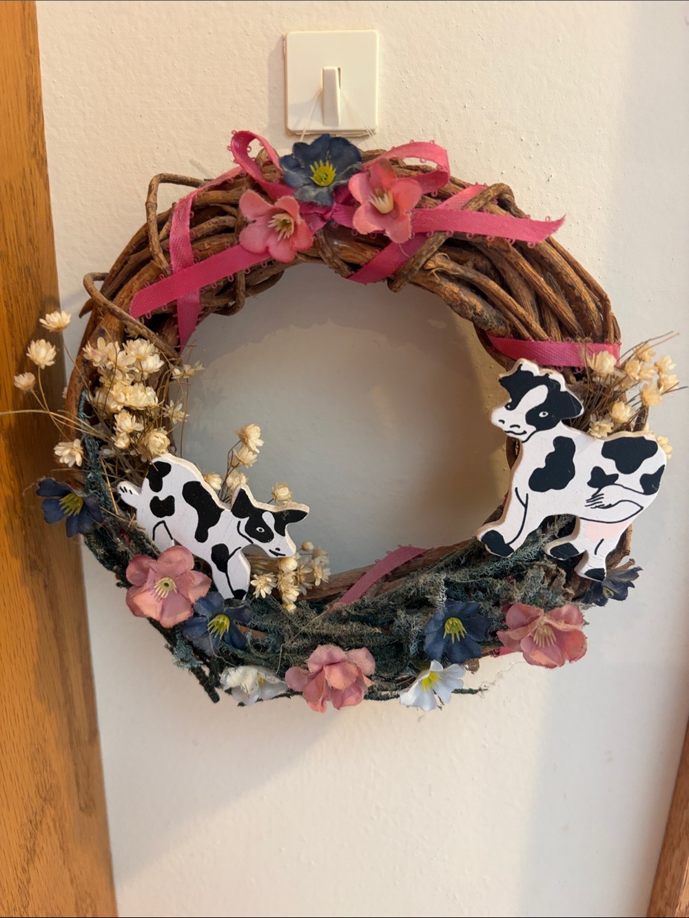 Handmade Cow & Floral Grapevine Wreath – Pink, Black & White